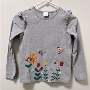 Gray Long Sleeve Shirt with Floral and Butterfly Design